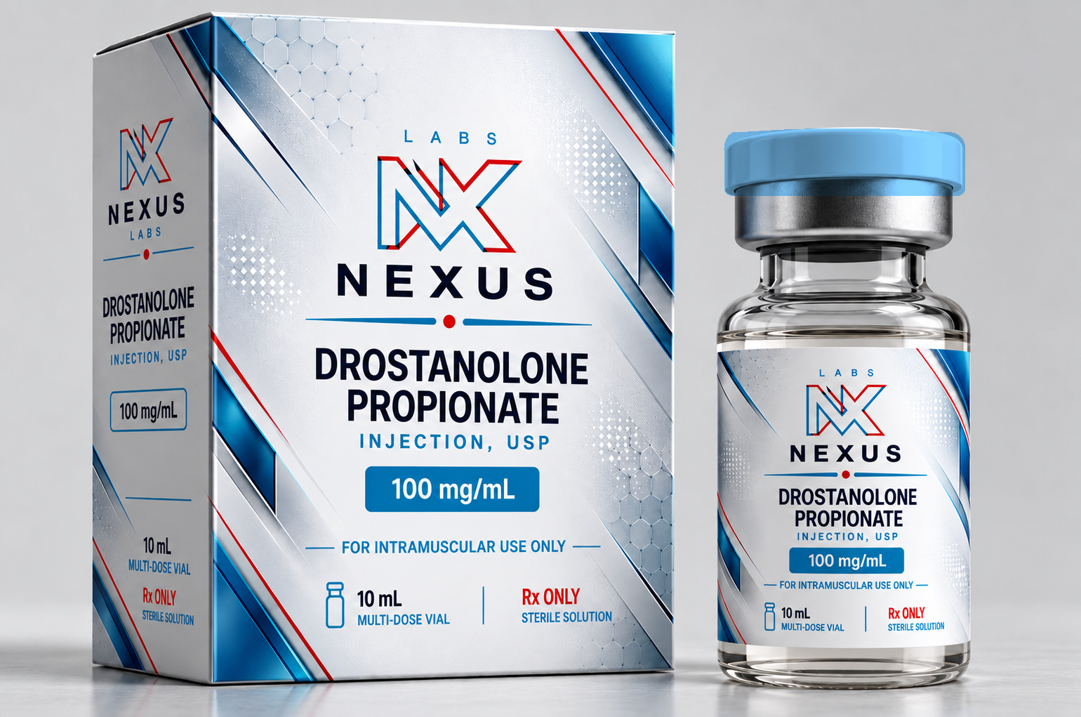 Drostanolone Propionate 100 mg/mL box and 10 mL multi-dose vial with a light blue cap