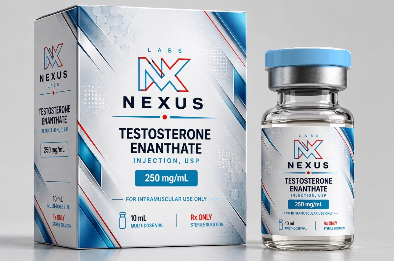 Testosterone Enanthate 250 mg/mL box and 10 mL multi-dose vial with a light blue cap