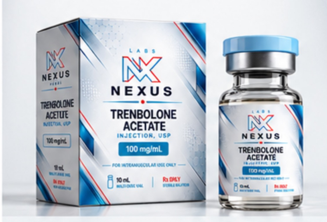 Trenbolone Acetate packaging and clear vial with a light blue cap, based on the supplied label image